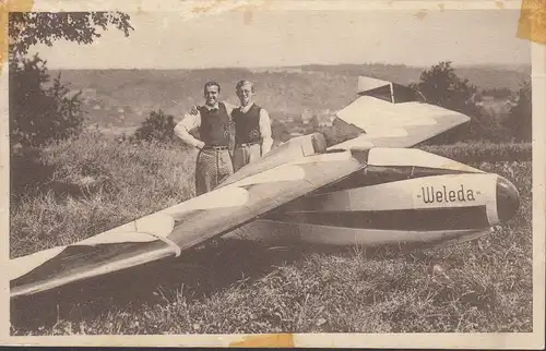 AK Segelflugzeug Weleda mit Edmund Kleiner und Lorenz Emmerling, gelaufen 1932