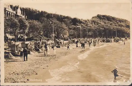 AK Glücksburg, Strandleben, Strandkörbe, HK- Beflaggung, gelaufen 1938