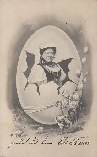 AK Ostern, Frau in Tracht, Hahn, gelaufen 1904