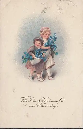 AK Herzlichen Glückwunsch zum Namenstage, Kinder mit Blumen, gelaufen 1926