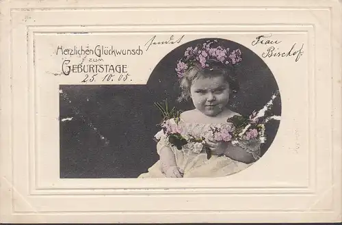 AK Herzlichen Glückwunsch zum Geburtstage, Kind mit Blumen, gelaufen 1905