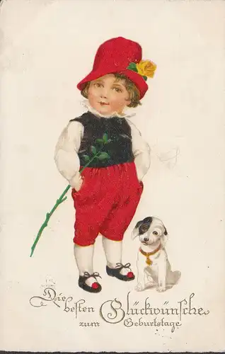 AK Bie besten Glückwünsche zum Geburtstage, Kind mit Hund, gelaufen 1926