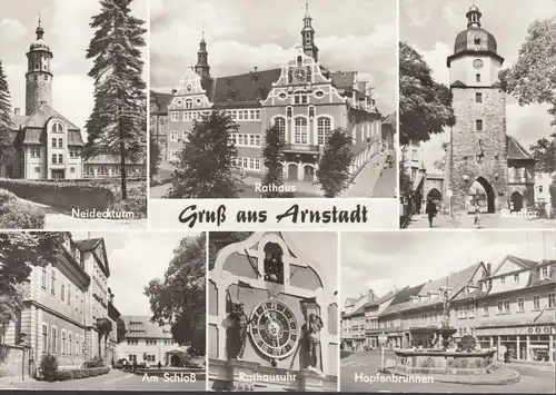 AK Arnstadt, Rathaus, Hopfenbrunnen, Riedtor, gelaufen 1982