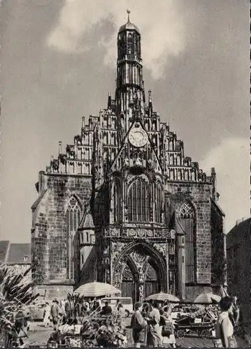 AK Nürnberg, Die Frauenkirche, Marktstände, gelaufen 1959