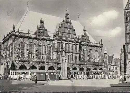 AK Bremen, Rathaus, Straßenbahnen, gelaufen 1958
