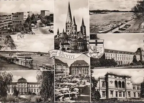 AK Bonn, Bundeshaus, Universität, Marktplatz, gelaufen 1962