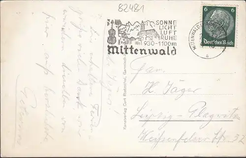 AK Mittenwald gegen Karwendelgebirge, gelaufen 1939