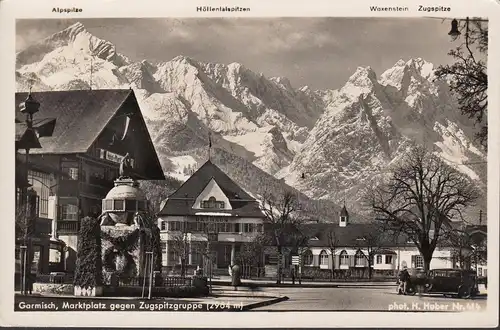 AK Garmisch, Marktplatz gegen Zugspitzengruppe, Auto, ungelaufen