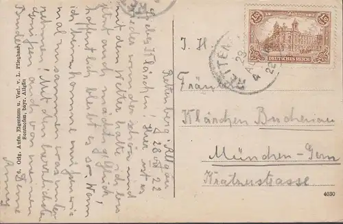 AK Rettenberg mit Grünten, Mi.Nr. 114b, gelaufen 1922