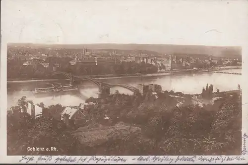 AK Coblence, pont, vue sur la ville, couru en 1925
