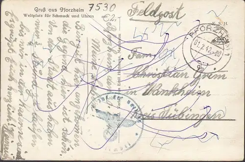 AK Pforzheim, Kupferhammer, Auerbachdenkmal, Feldpost, couru en 1942