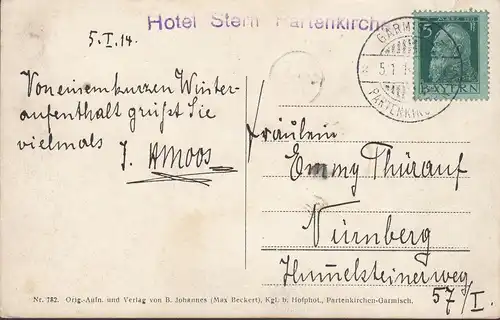 AK Gruß aus Partenkirchen, Blick auf Zugspitze, Hotel Stern, gelaufen 1914