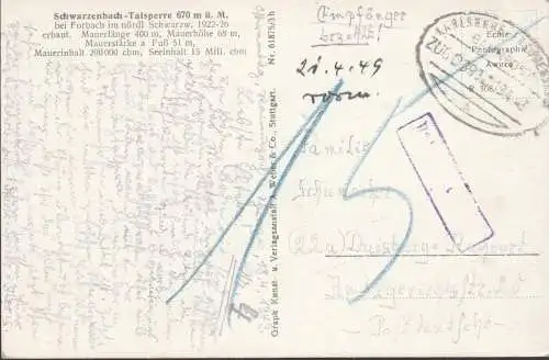 AK Forbach, Schwarzenbach-Talsperre, Nachgebühr, Bahnpost, gelaufen 1949