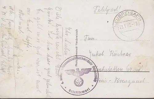 AK Neubreisach, Heeres-Unteroffizier-Vorschule, Feldpost, gelaufen 1942