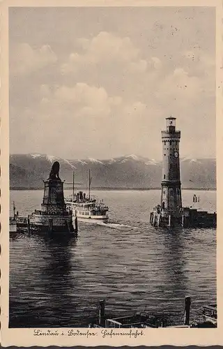 AK Lindau, Hafeneinfahrt, Leuchtturm, gelaufen 1937