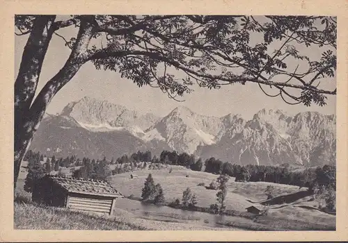 AK Stöckel-Bildkarte, Landschaft mit Bergen und Berghütte, ungelaufen