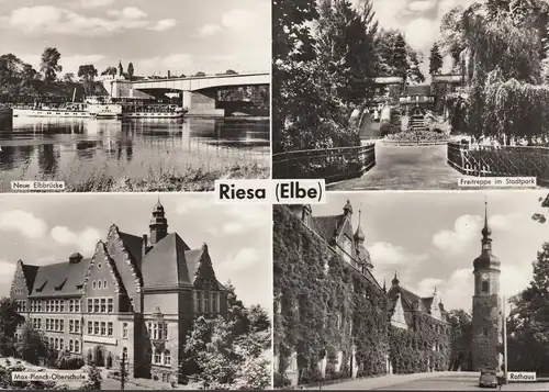 AK Riesa, Dampfer, Elbbrücke, Stadtpark, Rathaus, gelaufen 1967