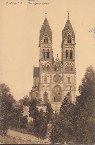 AK Freiburg im Breisgau, Herz Jesu-Kirche, gelaufen 1909