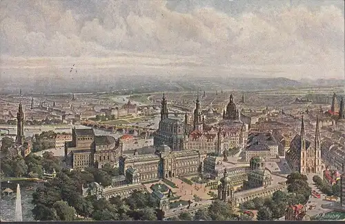 AK Dresden, Zeppelin Ansicht vom Zwinger, Künstler-AK, gelaufen 1924