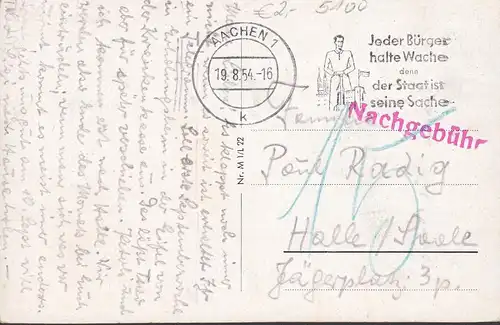 AK Aachen, Rathaus, Nachgebühr, gelaufen 1954