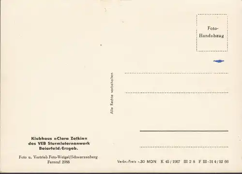 AK Beierfeld, Klubhaus Clara Zetkin, VEB Sturmlaternenwerk, ungelaufen