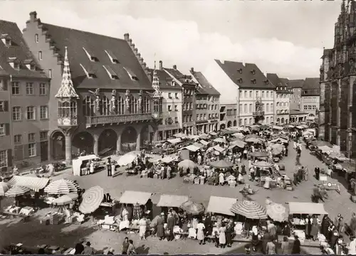 AK Freiburg, Marktplatz, Marktstände, Weinstube, gelaufen 1973