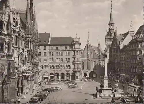 AK München, Markt, Cafe Atlantic, Dresdner Bank, Straßenbahn, gelaufen 1957