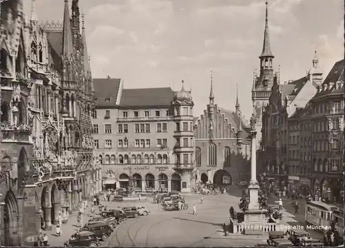 AK Munich, marché, café Atlantic, Dresdner Bank, tramway, couru en 1957