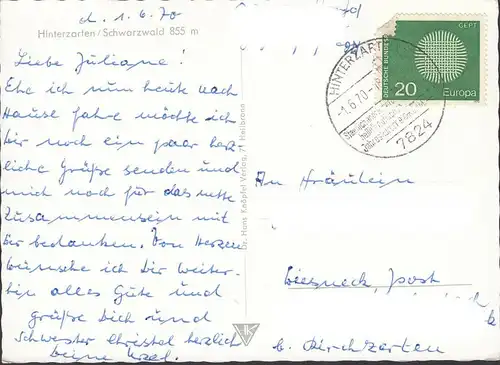 AK Hinterzarten, Panoramaansicht, gelaufen 1970