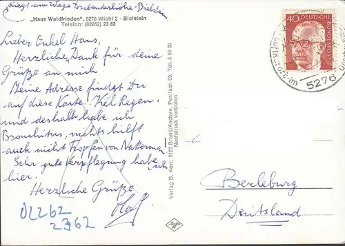 AK Wiehl, Bielstein, Haus Waldfrieden, gelaufen 1974
