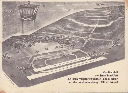 AK Frankfurt, Großmodell, Verkehrsflughafen, Weltausstellung Brüssel 1958, gelaufen 1958