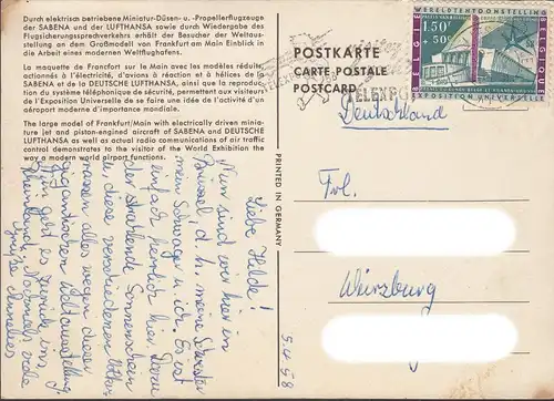 AK Frankfurt, Großmodell, Verkehrsflughafen, Weltausstellung Brüssel 1958, gelaufen 1958