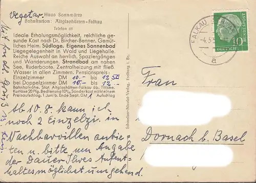 AK Falkau, Vegetarische Pension Sonnwärts, gelaufen 1957