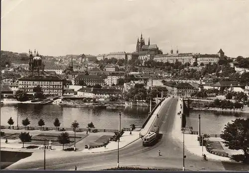 AK Prague, pont, tramway, non-roulé- date 1957