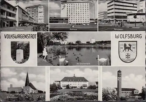 AK Wolfsburg, Porschestraße, Rathaus, Kirchen, ungelaufen- datiert 1968