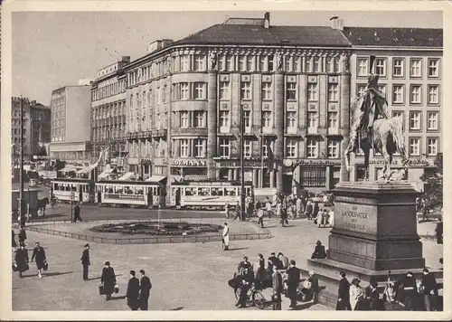 AK Hannover, Vor dem Hauptbahnhof, Straßenbahn, Denkmal, gelaufen 1952