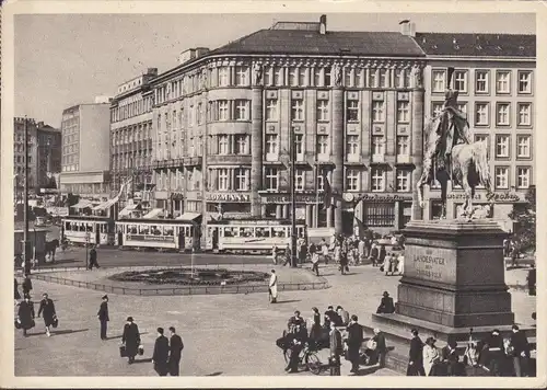 AK Hanovre, En face de la gare centrale, tramway, monument, couru 1952