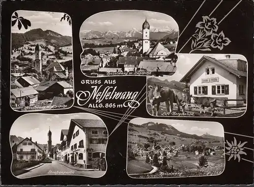 AK Nesselwang, Enzian Stüble, église, vue sur la ville, partie de rue, station de montagne, couru en 1963