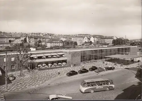 AK Pforzheim, Bahnhof, Reisebus Elztal-Express, gelaufen 1969