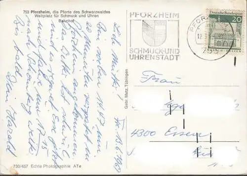 AK Pforzheim, Bahnhof, Reisebus Elztal-Express, gelaufen 1969