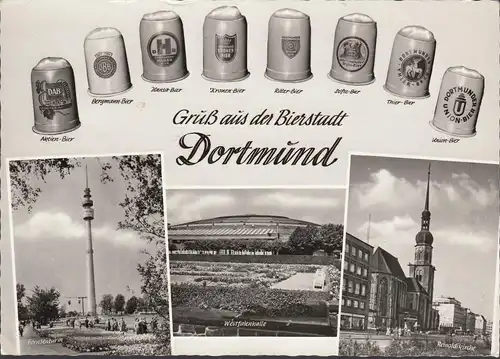AK Dortmund, Bierstadt, Fernsehturm, Westfalenhalle, Reinoldikirche, Bierkrüge, gelaufen