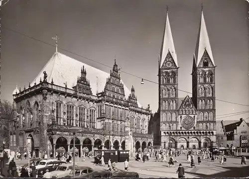 AK Bremen, Rathaus und St. Petri Dom, Autos, gelaufen 1960