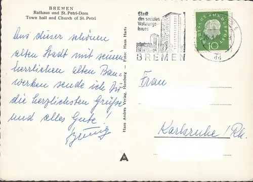 AK Bremen, Rathaus und St. Petri Dom, Autos, gelaufen 1960
