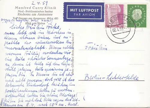 AK Riederau, Manfred Curry Klinik, Luftpost, gelaufen 1959