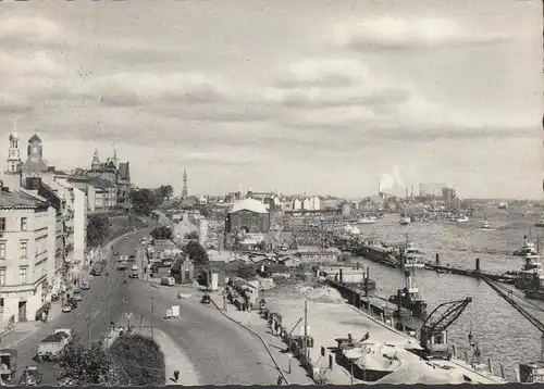 AK Hamburg, Landungsbrücke, Am Hafen, Schiffe, LKW, gelaufen 1954