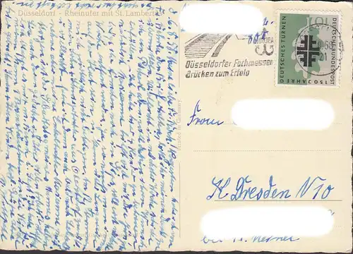 AK Düsseldorf, Rheinufer mit St. Lambertus, Dampfschiff, LKW, gelaufen 1958