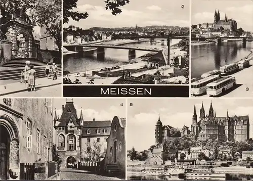 AK Meißen, Albrechtsburg, Dom, Busse, Brücke, gelaufen