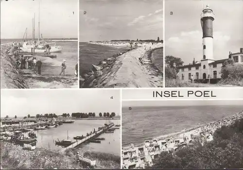 AK Insel Poel, Leuchtturm, Mole, Hafen, Strand, gelaufen 1983