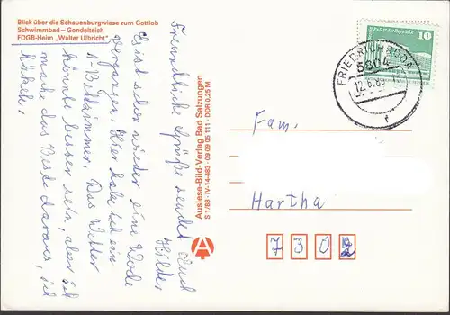 AK Friedrichroda, Schwimmbad, FDGB-Heim, Gondelteich, gelaufen 1989