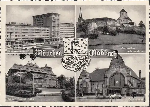 AK Mönchengladbach, Haus Westland, Busse, Kirche, Halle, Bahnhof, ungelaufen